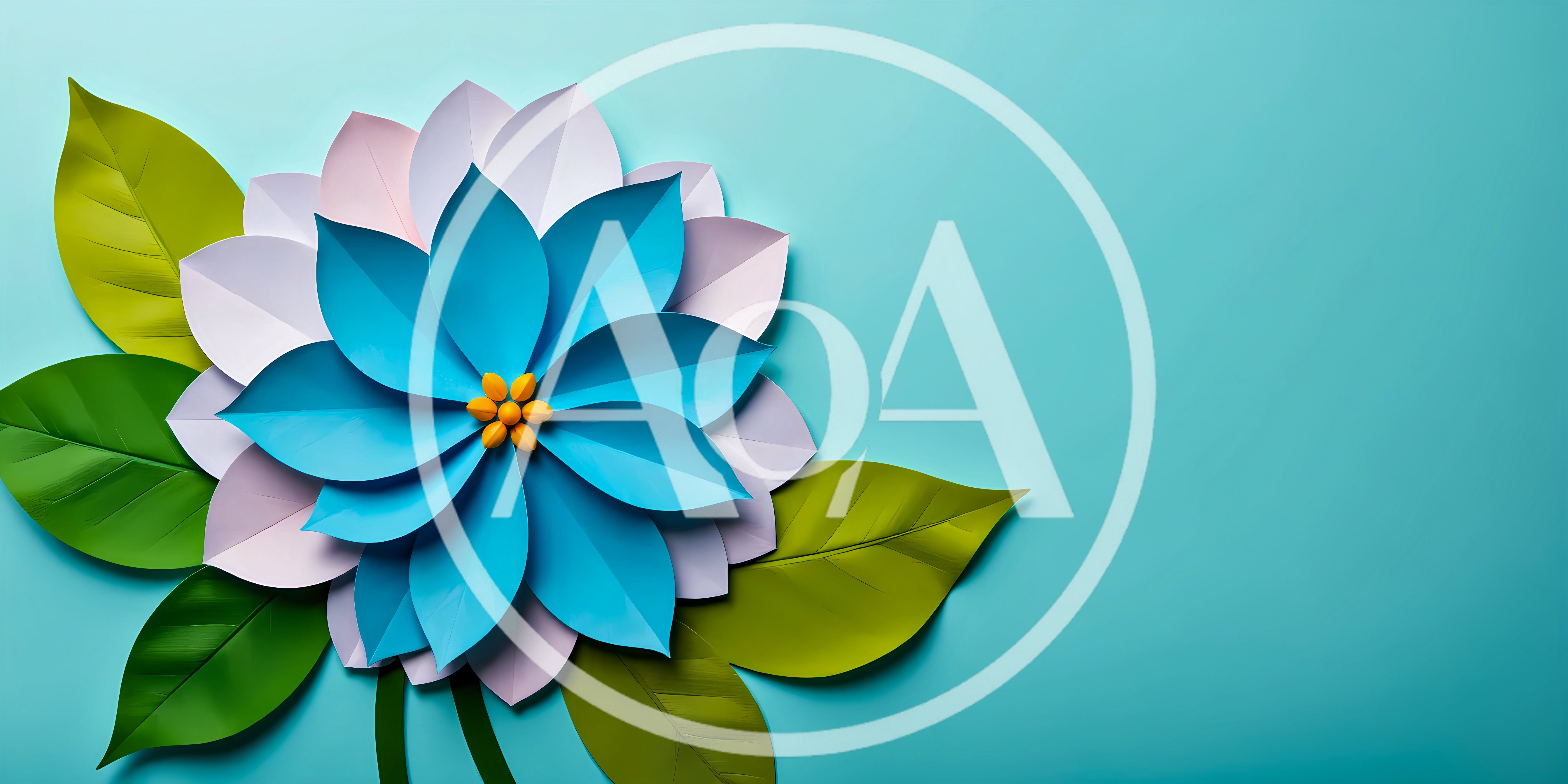 Paper Craft Flower With Green Leaves On Blue Background