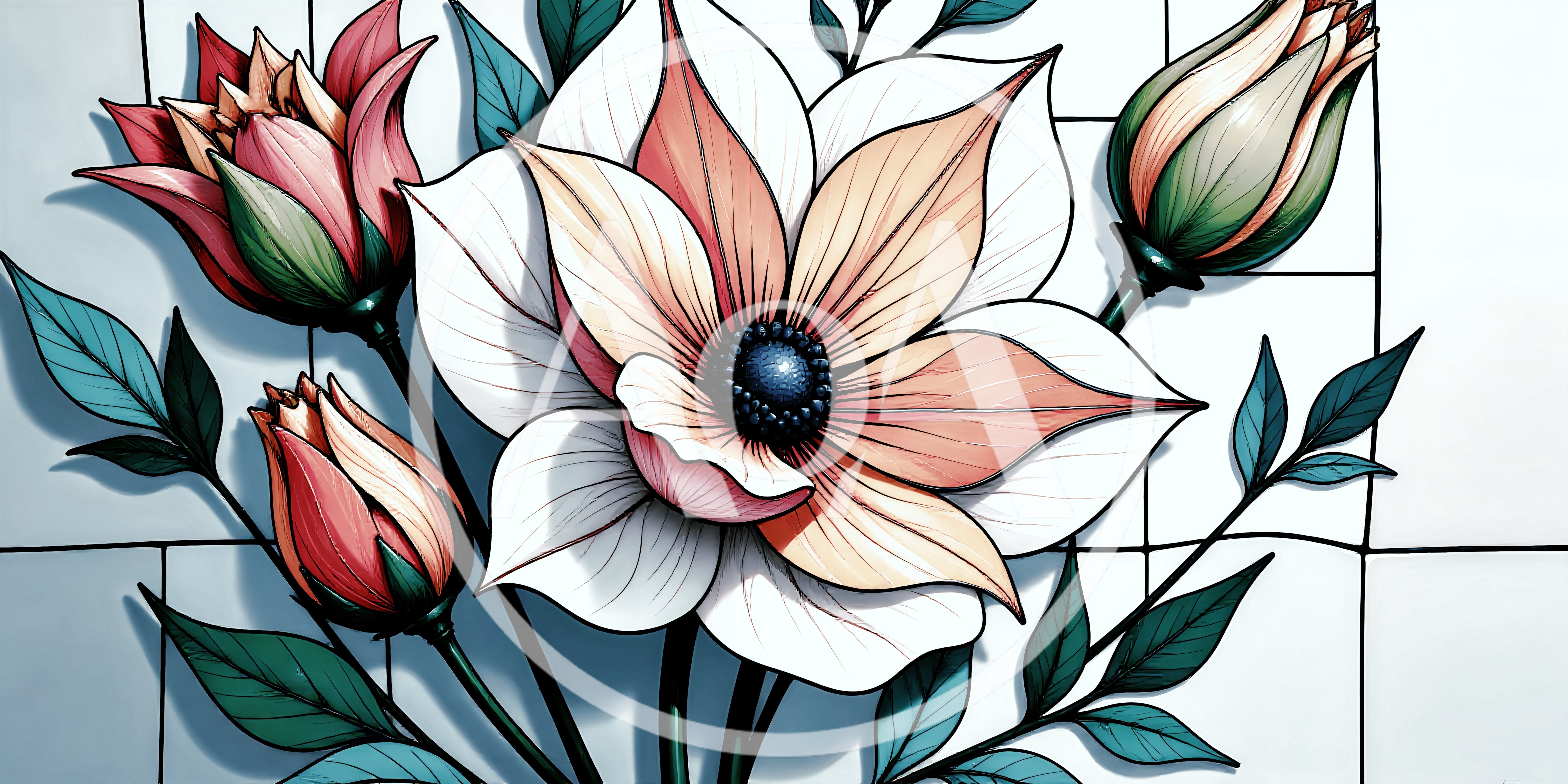 Stained Glass Style Floral Illustration With Pastel Flowers