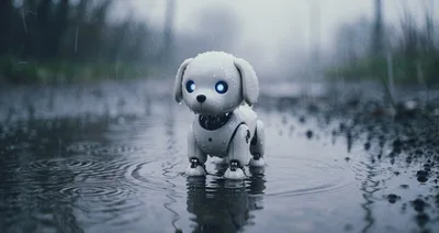 Small Robotic Puppy Standing In A Rain Puddle