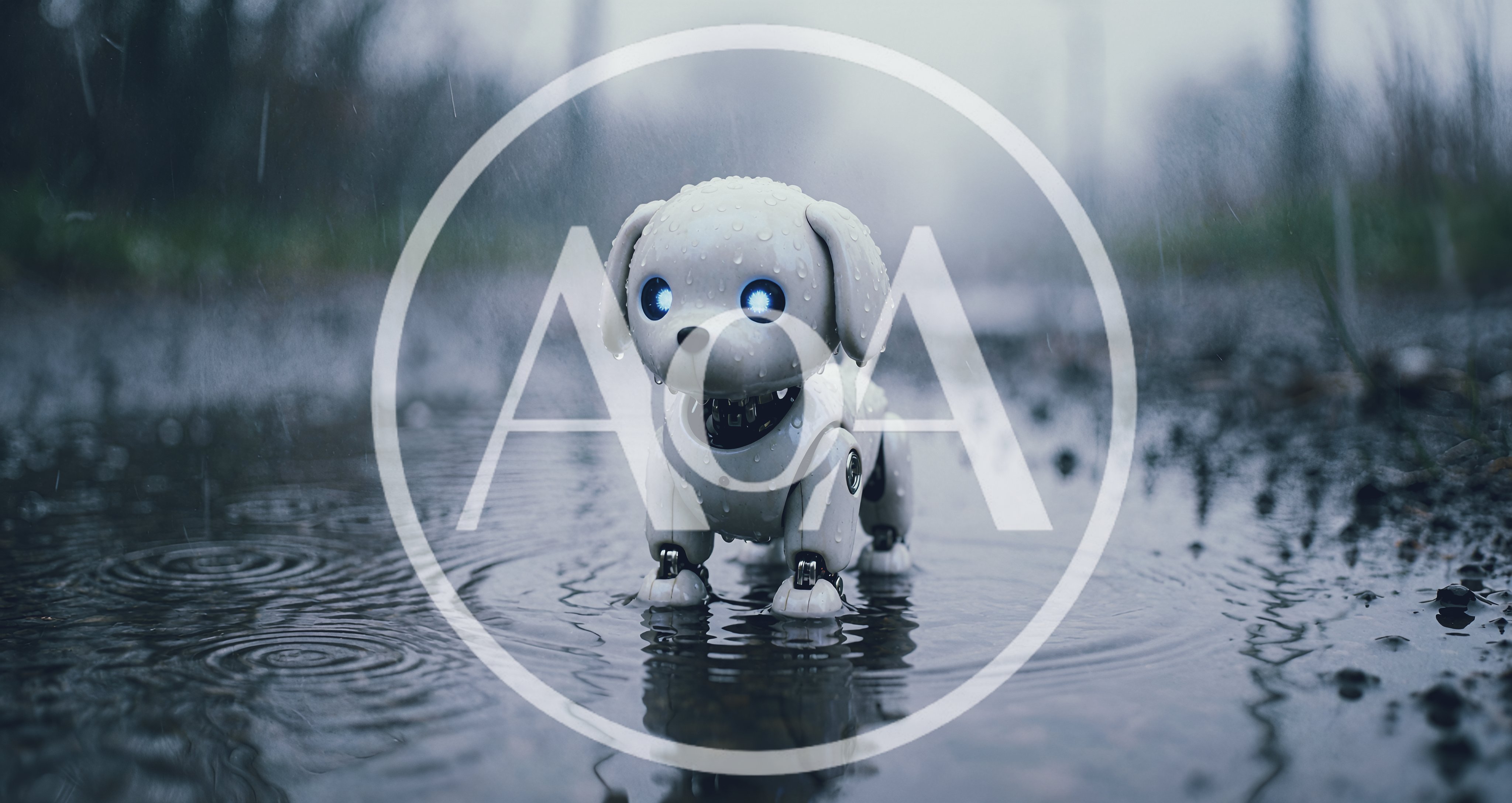 Small Robotic Puppy Standing In A Rain Puddle