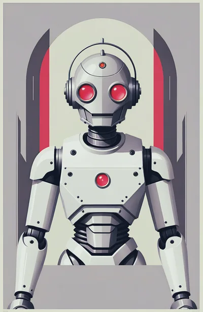 Futuristic White Robot Portrait With Red Glowing Eyes