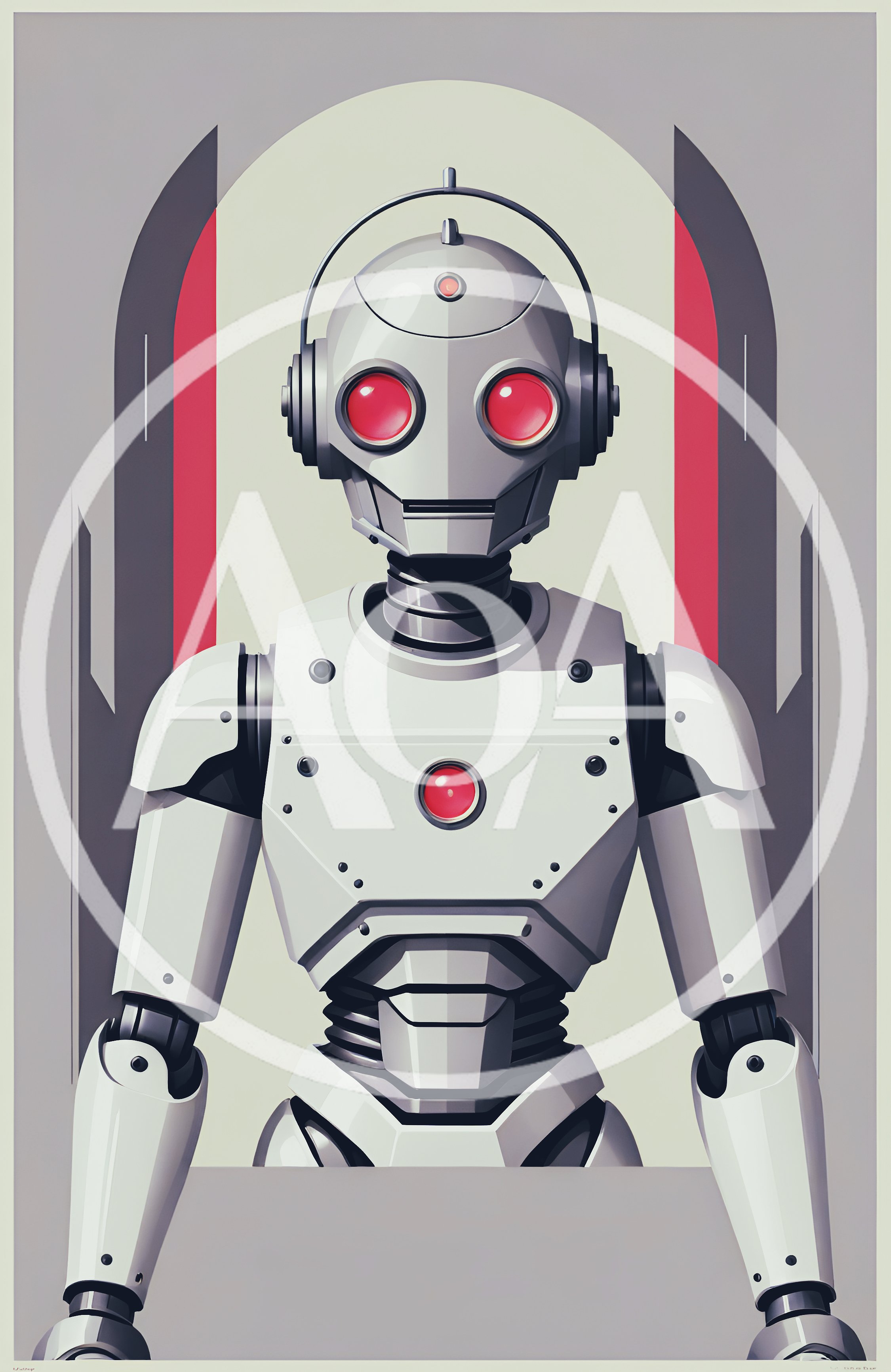 Futuristic White Robot Portrait With Red Glowing Eyes
