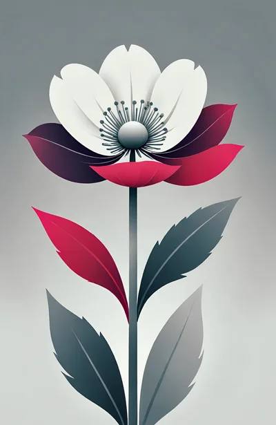 Stylized Minimalist Flower Illustration With Red And Grey Leaves