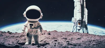 Astronaut Standing On Lunar Surface With Rocket