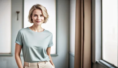 Portrait Of A Smiling Blonde Woman In Casual Clothing