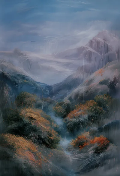Ethereal Mountain Valley Landscape With Misty Atmosphere