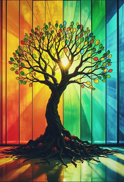 Stained Glass Tree With Vibrant Rainbow Background