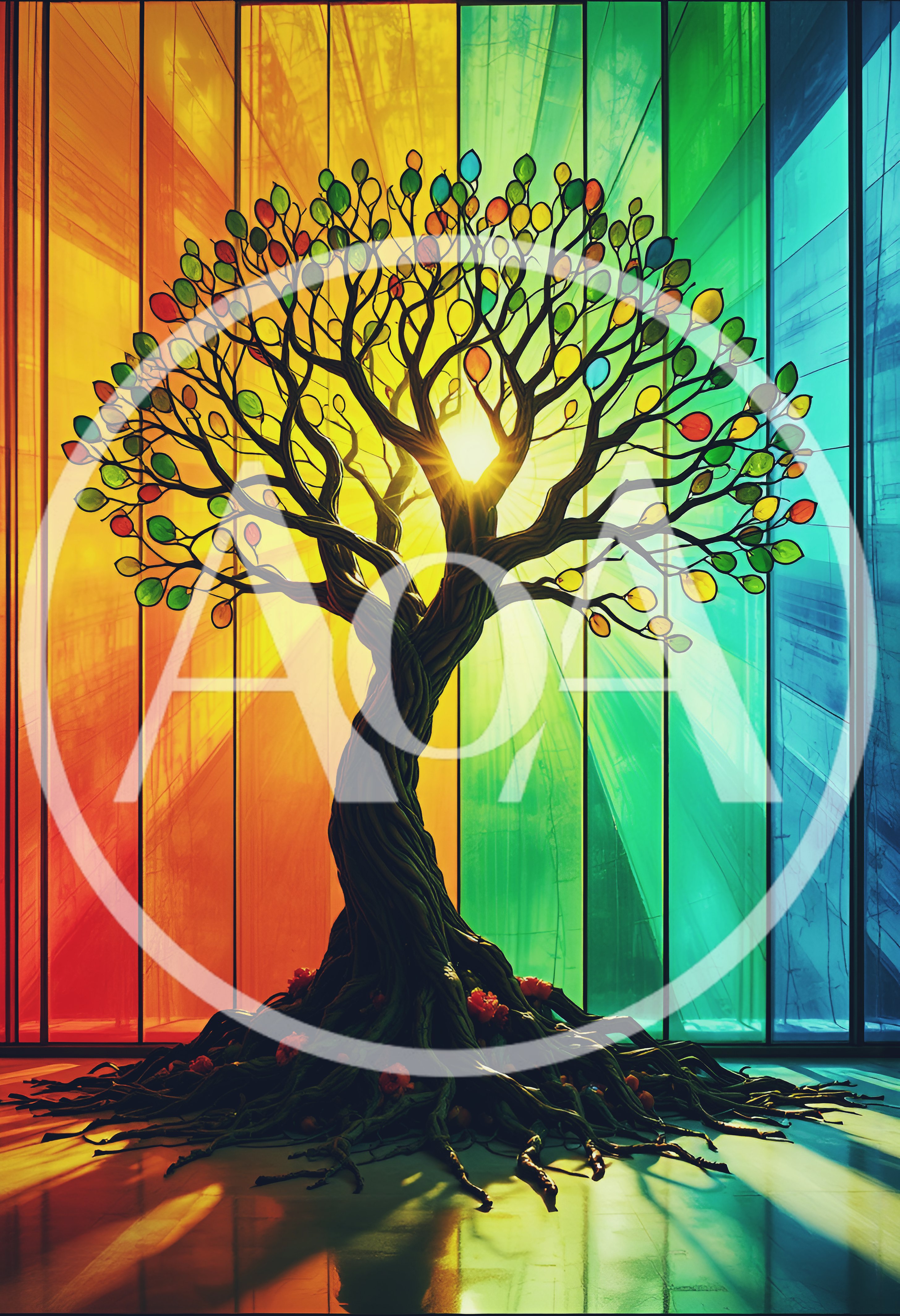 Stained Glass Tree With Vibrant Rainbow Background