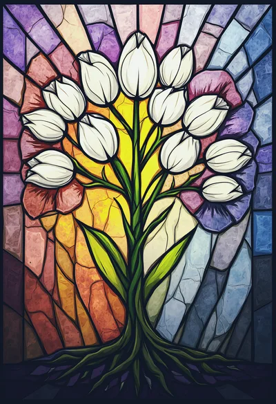 Stained Glass Art Featuring A White Tulip Bouquet