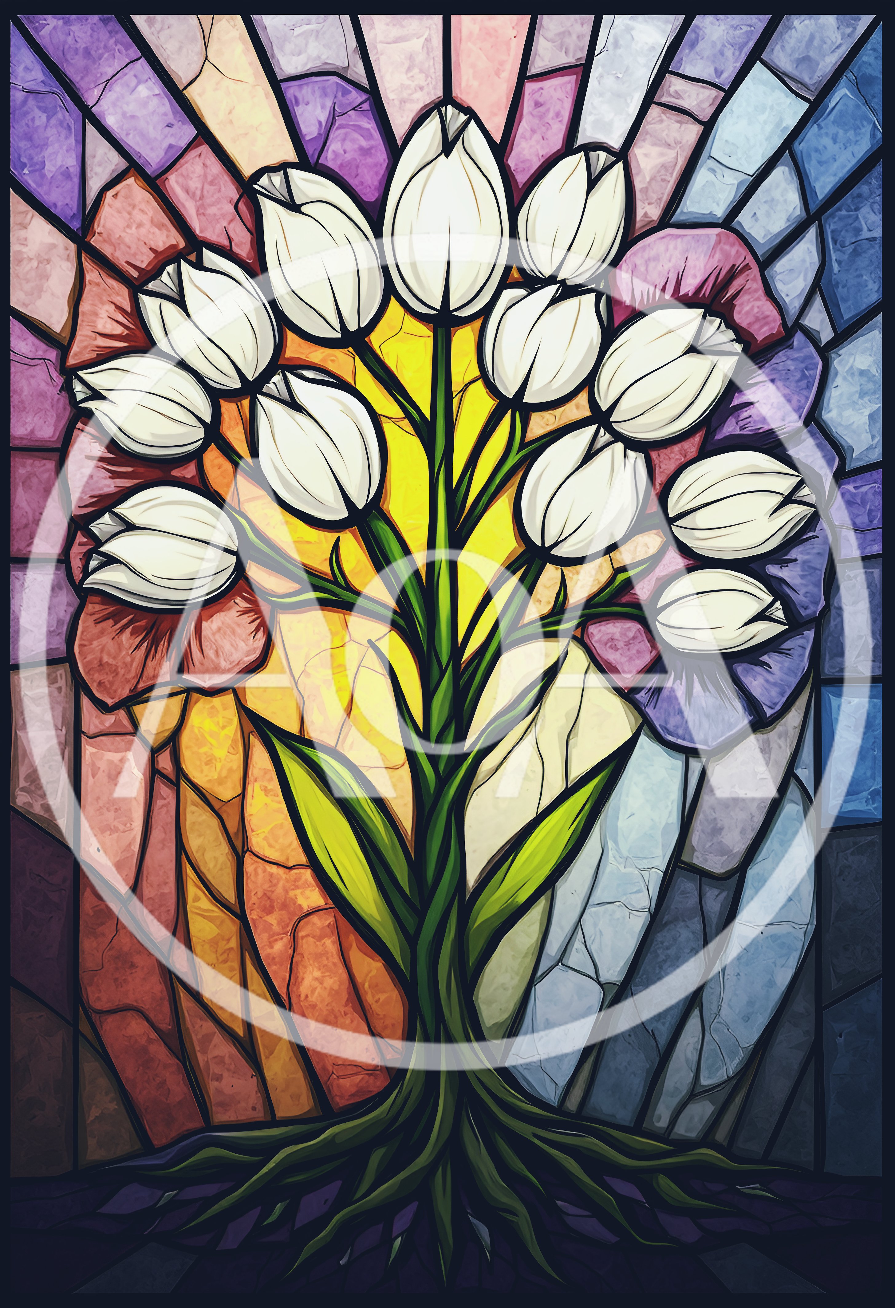 Stained Glass Art Featuring A White Tulip Bouquet
