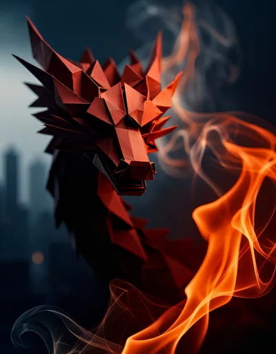 Origami Dragon Head With Swirling Fire And Smoke