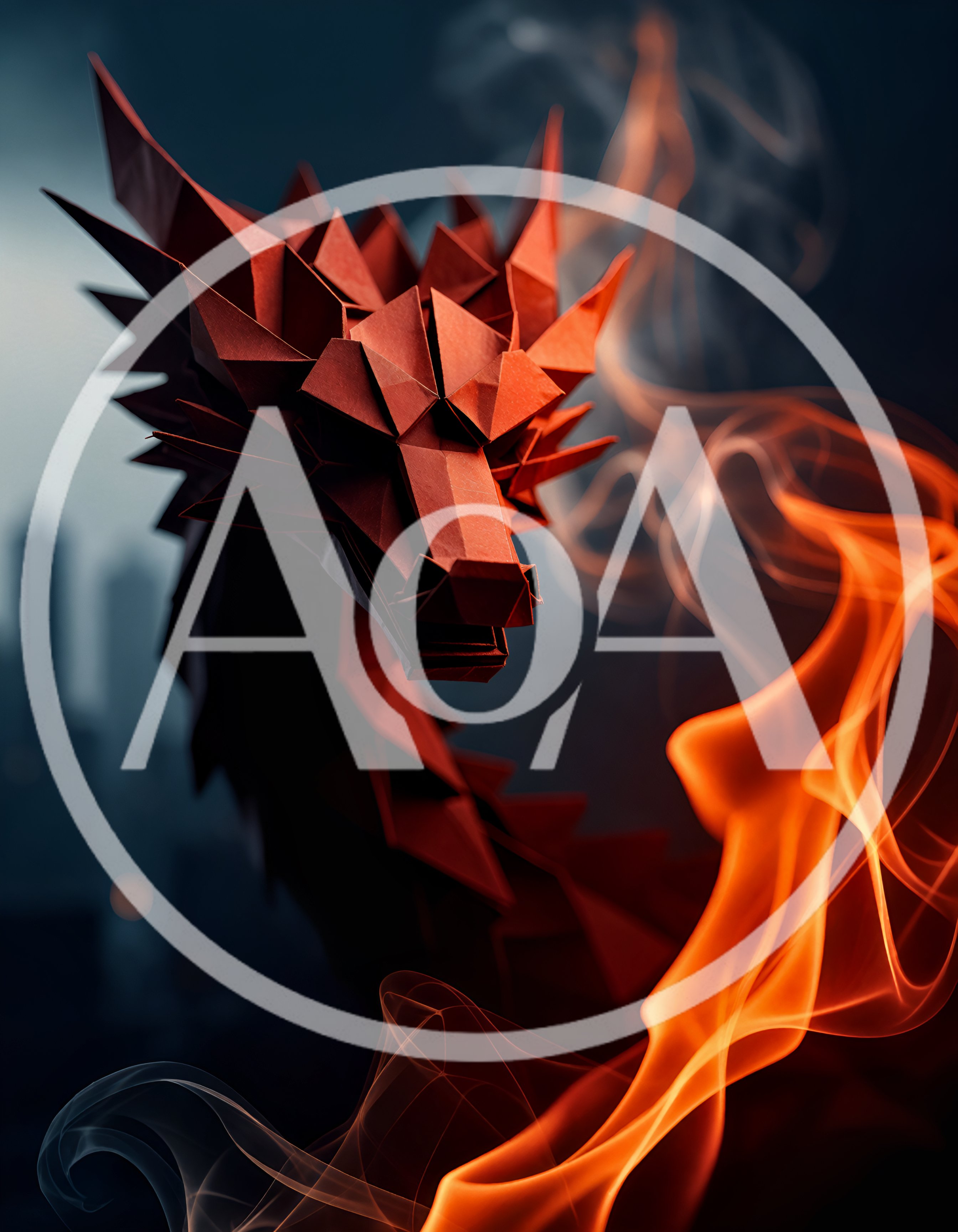 Origami Dragon Head With Swirling Fire And Smoke