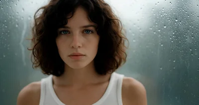 Portrait Of A Young Woman Behind Rainy Window