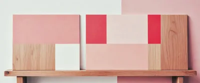 Two Abstract Geometric Art Pieces On A Wooden Shelf
