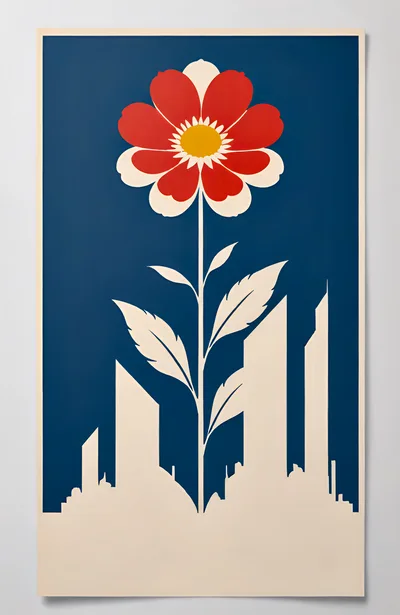 Minimalist Illustration Of A Flower Growing Through A Cityscape