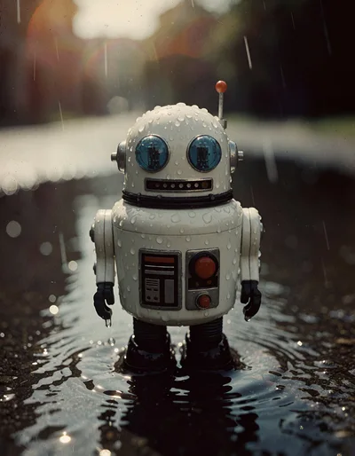 Small Retro Robot Standing In A Rain Puddle
