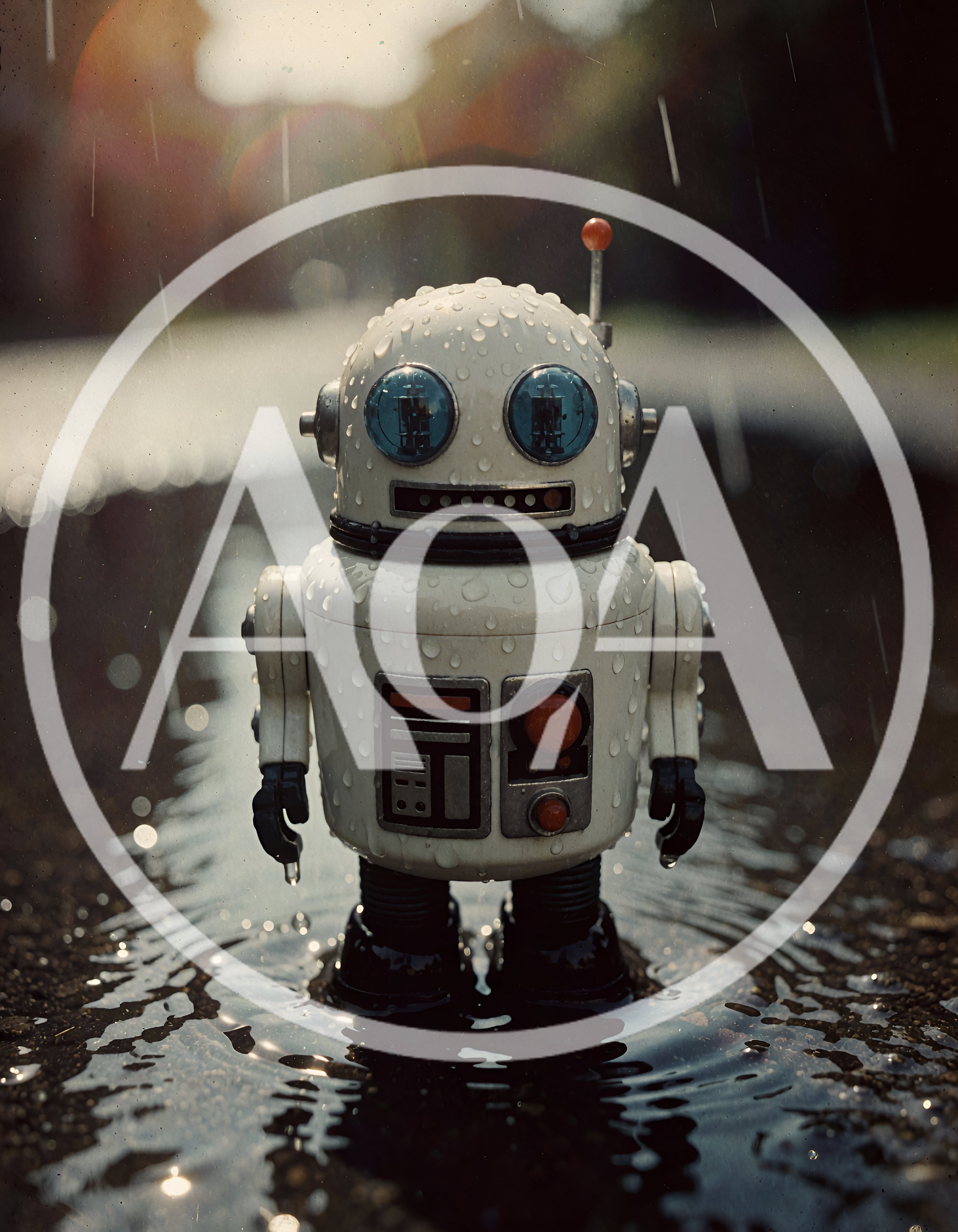Small Retro Robot Standing In A Rain Puddle