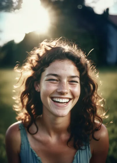 Young Woman With Curly Hair Laughing Outdoors