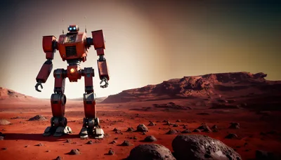 Giant Red Robot Standing On Martian Surface