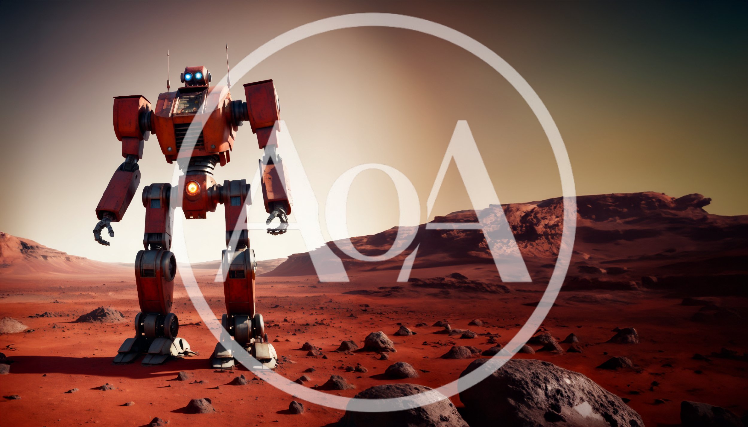 Giant Red Robot Standing On Martian Surface
