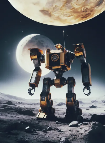Giant Industrial Robot Standing On A Barren Moon Surface