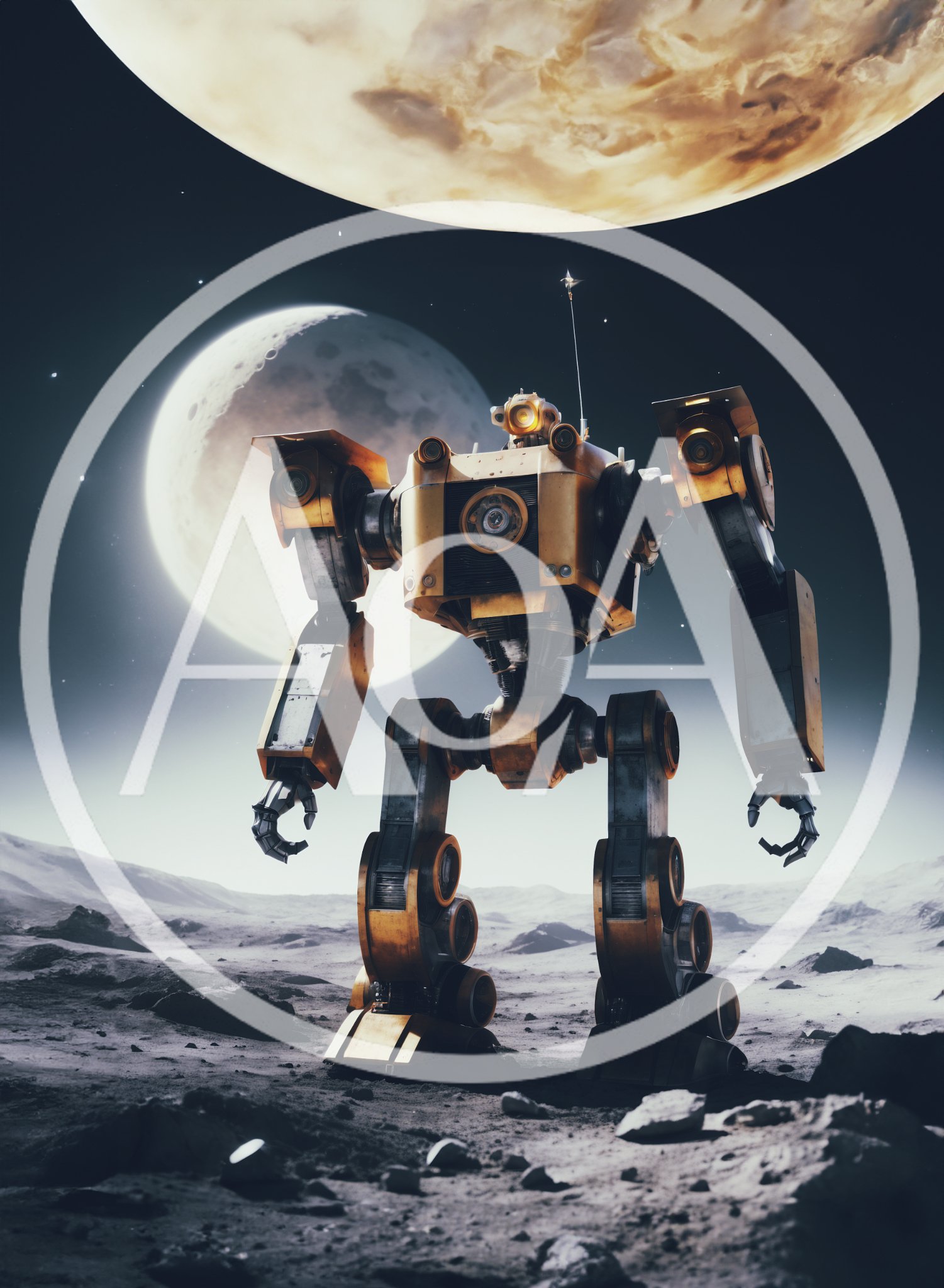 Giant Industrial Robot Standing On A Barren Moon Surface