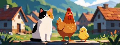 Calico Cat Chicken and Chick Standing Together