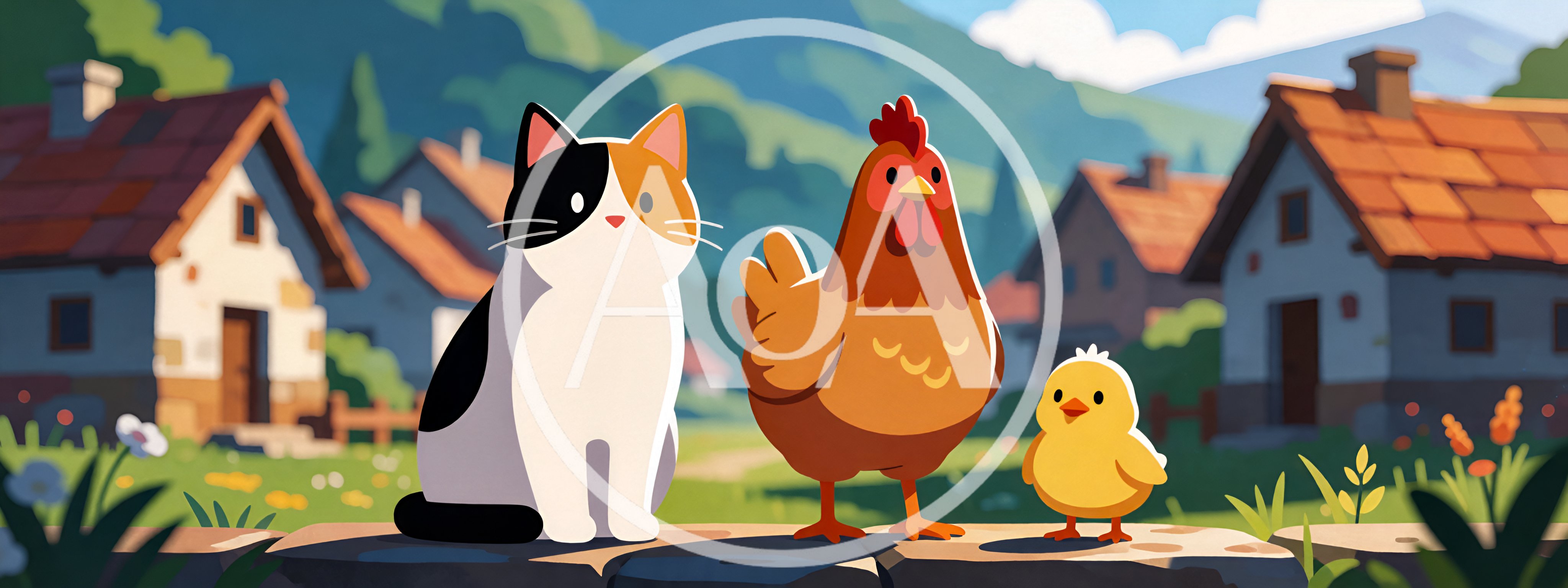 Calico Cat Chicken and Chick Standing Together