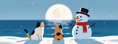 Two Calico Cats Sitting With A Snowman By The Sea