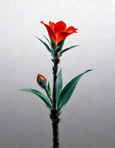 Minimalist Red Flower Illustration With Ink Brush Stroke Stem