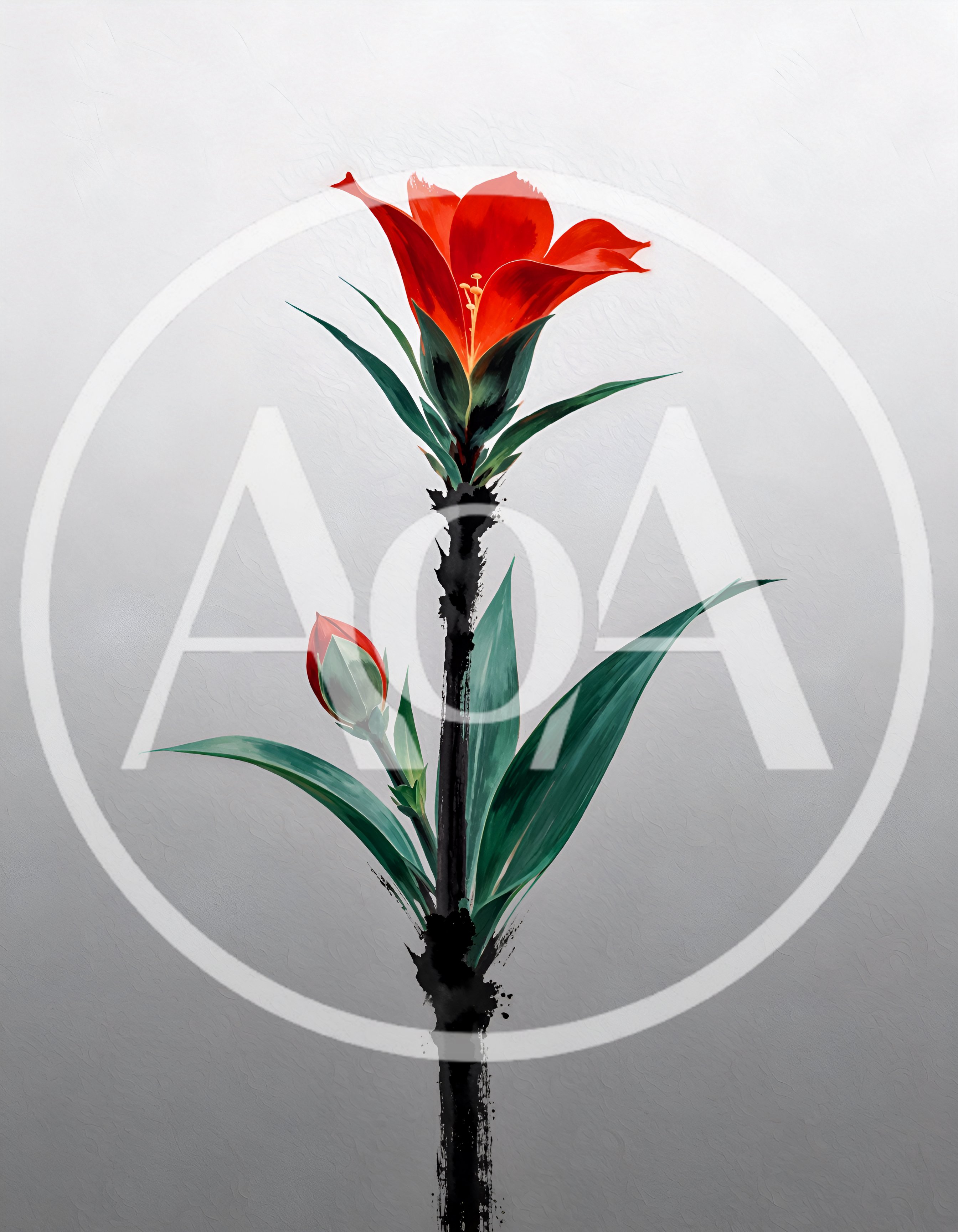 Minimalist Red Flower Illustration With Ink Brush Stroke Stem