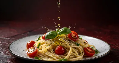Olive Oil Pouring Over Fresh Spaghetti Pasta