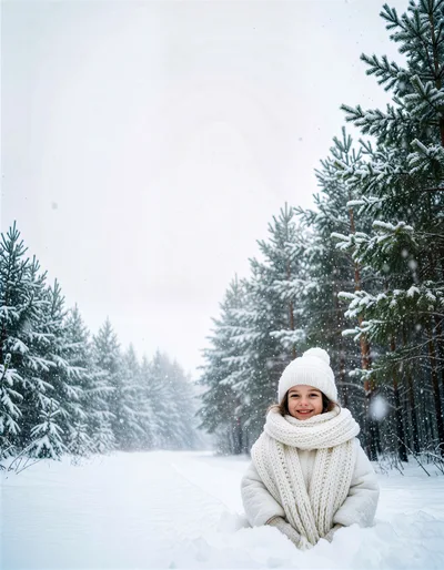 Happy Little Girl Playing In Snowy Winter Forest
