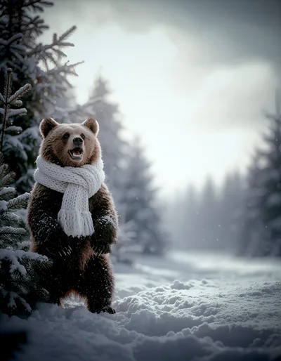 Brown Bear Wearing A White Scarf In Snowy Forest