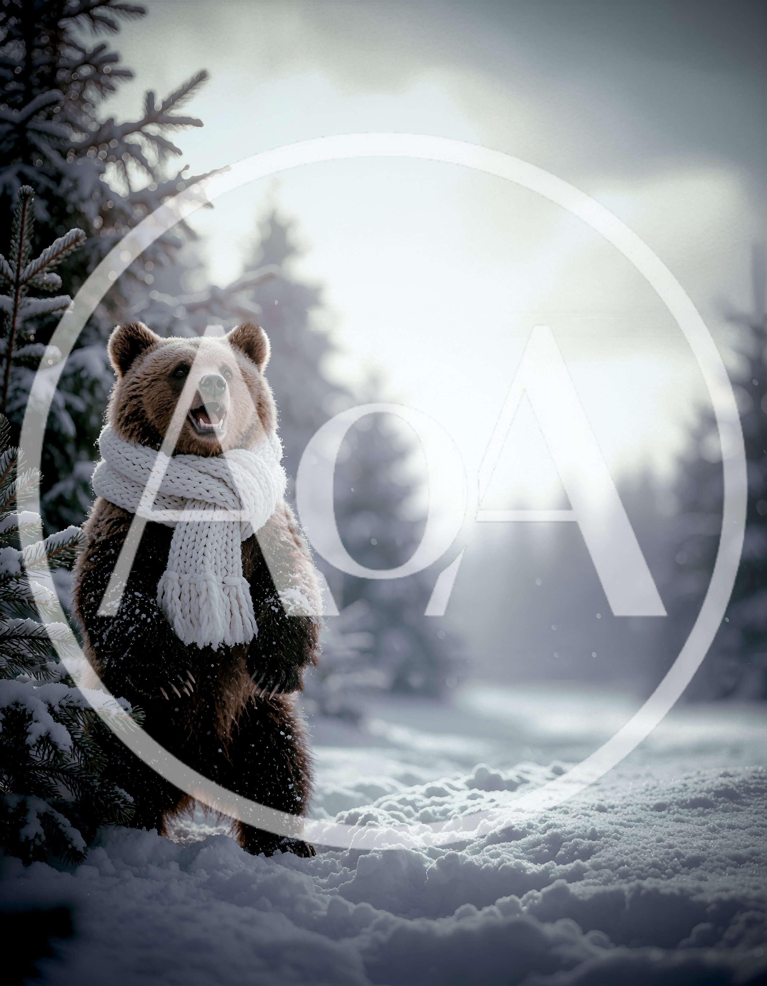 Brown Bear Wearing A White Scarf In Snowy Forest