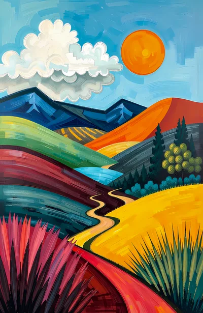Stylized Landscape Painting With Vibrant Rolling Hills And Sun
