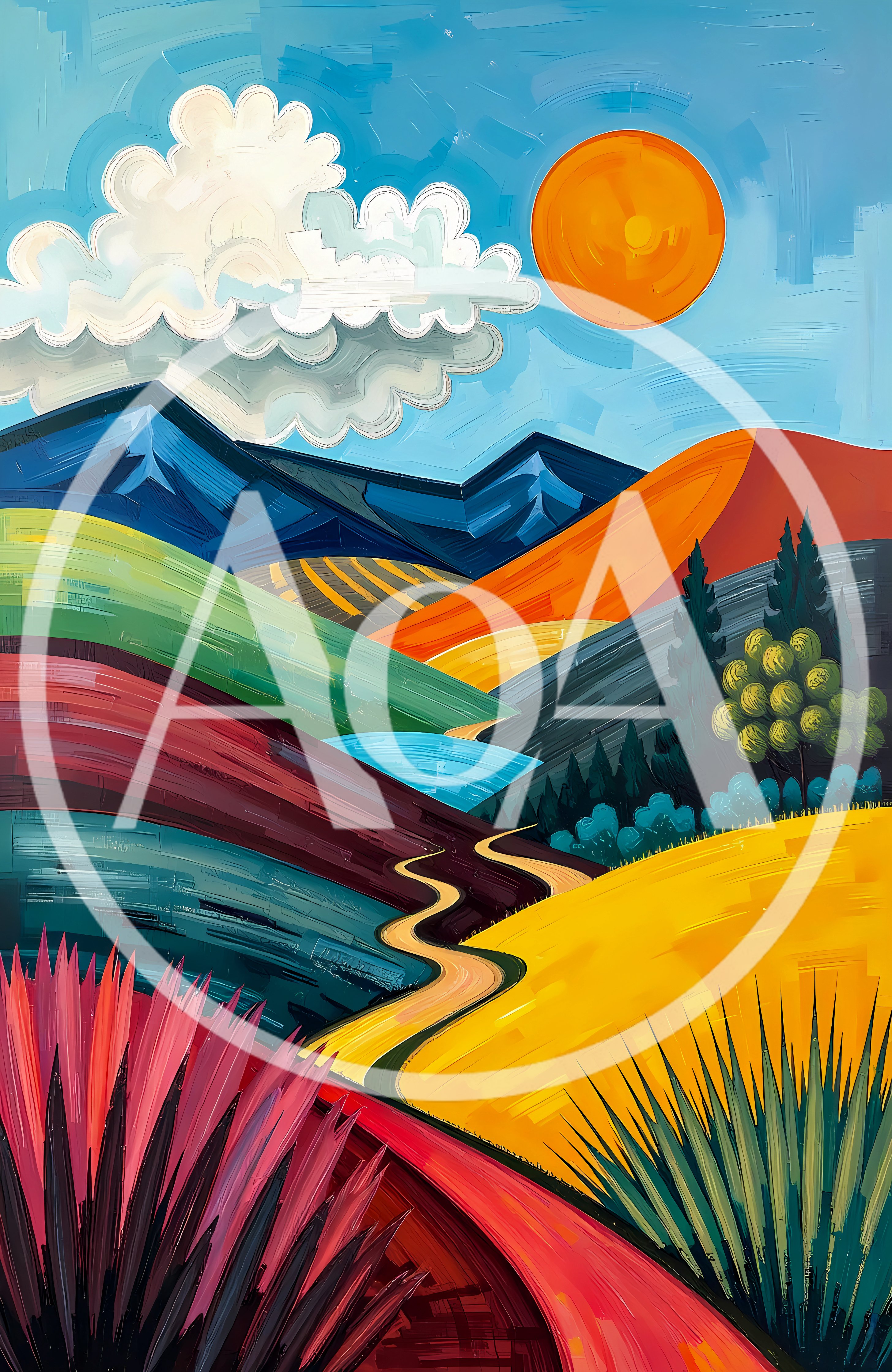 Stylized Landscape Painting With Vibrant Rolling Hills And Sun