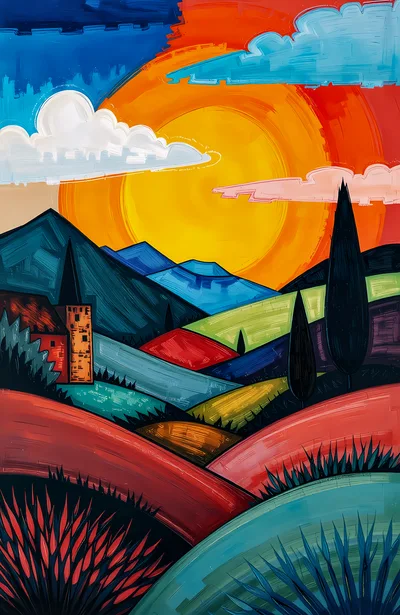 Stylized Landscape Painting Of Rolling Hills And Sun