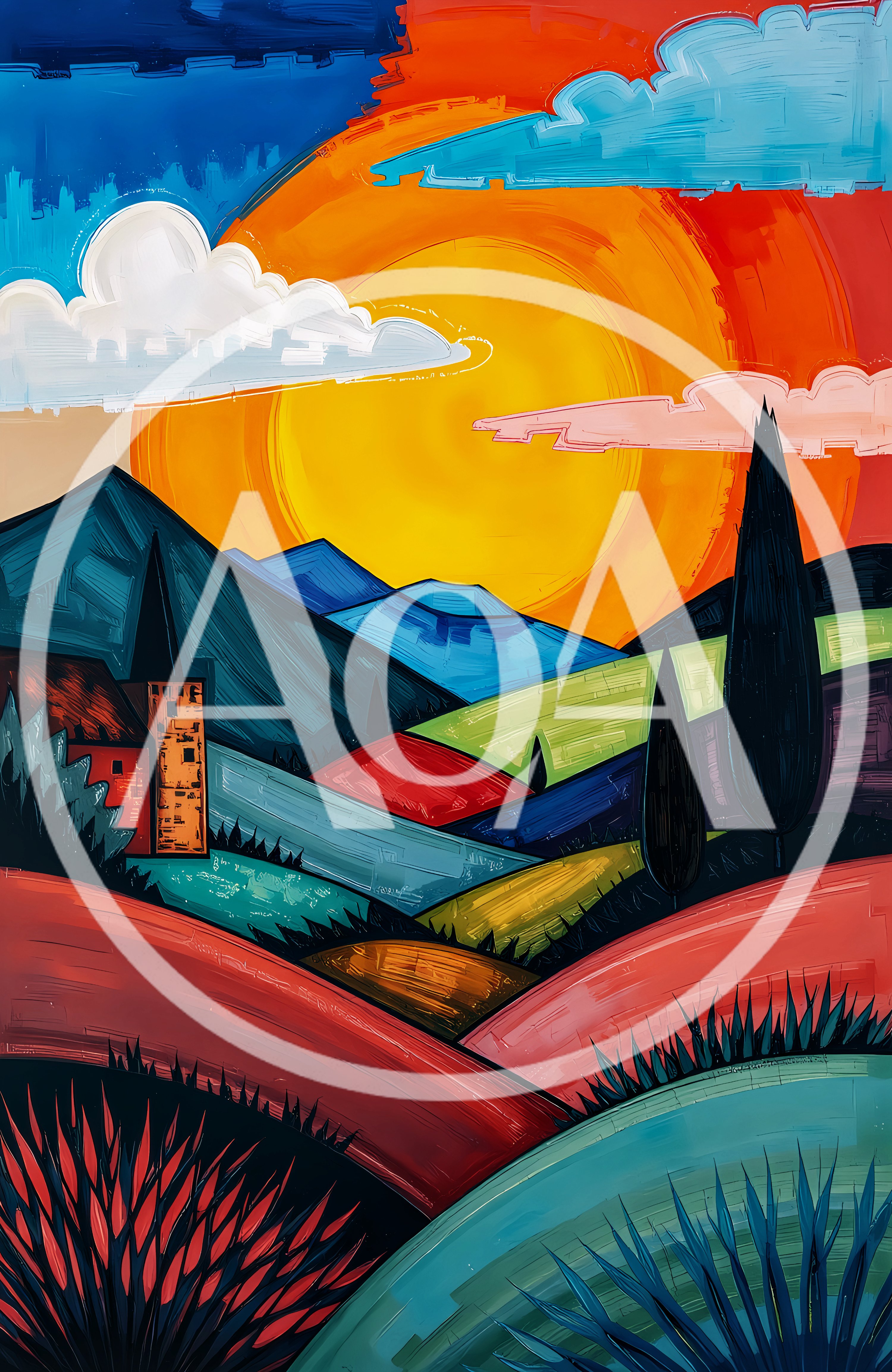 Stylized Landscape Painting Of Rolling Hills And Sun