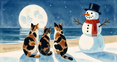 Three Calico Cats Watching The Moon With A Snowman