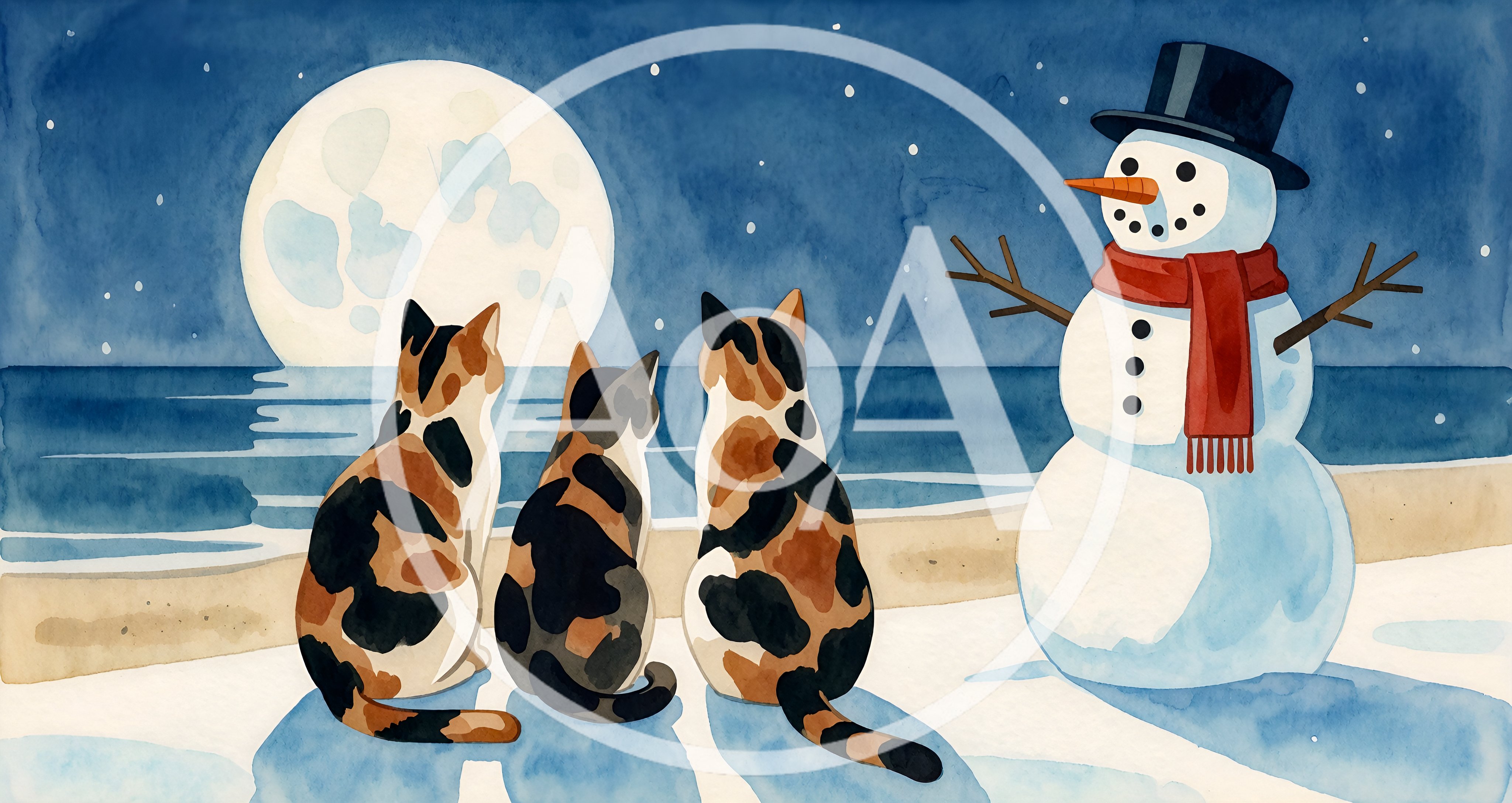 Three Calico Cats Watching The Moon With A Snowman