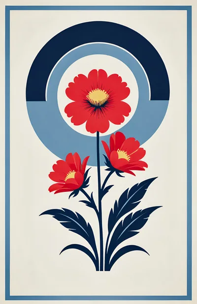 Minimalist Floral Illustration With Geometric Blue Circles