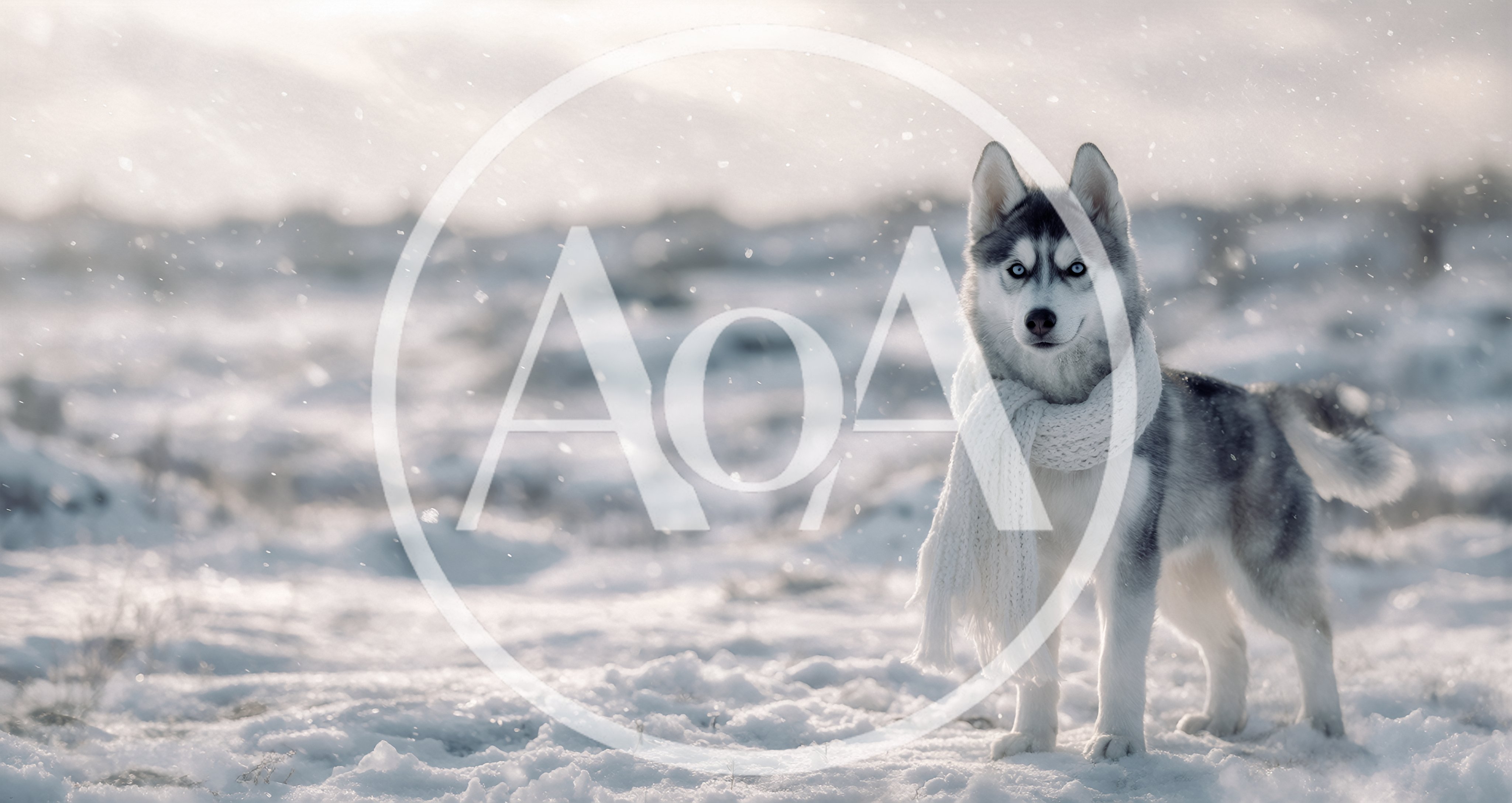Siberian Husky Wearing A Scarf In Snowy Landscape