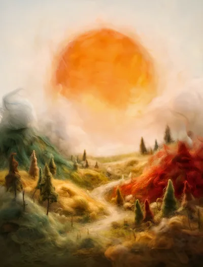 Abstract Wool Felt Landscape With Sun