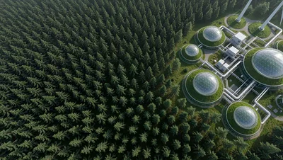 Aerial View Of Futuristic Eco Friendly Industrial Facility