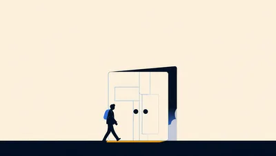 Minimalist Illustration Of A Student Walking Toward A Door