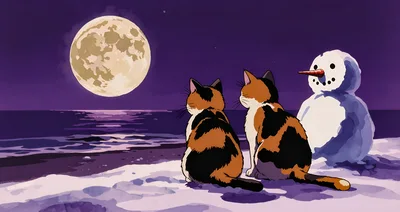 Two Calico Cats Sitting With A Snowman Under Moonlight
