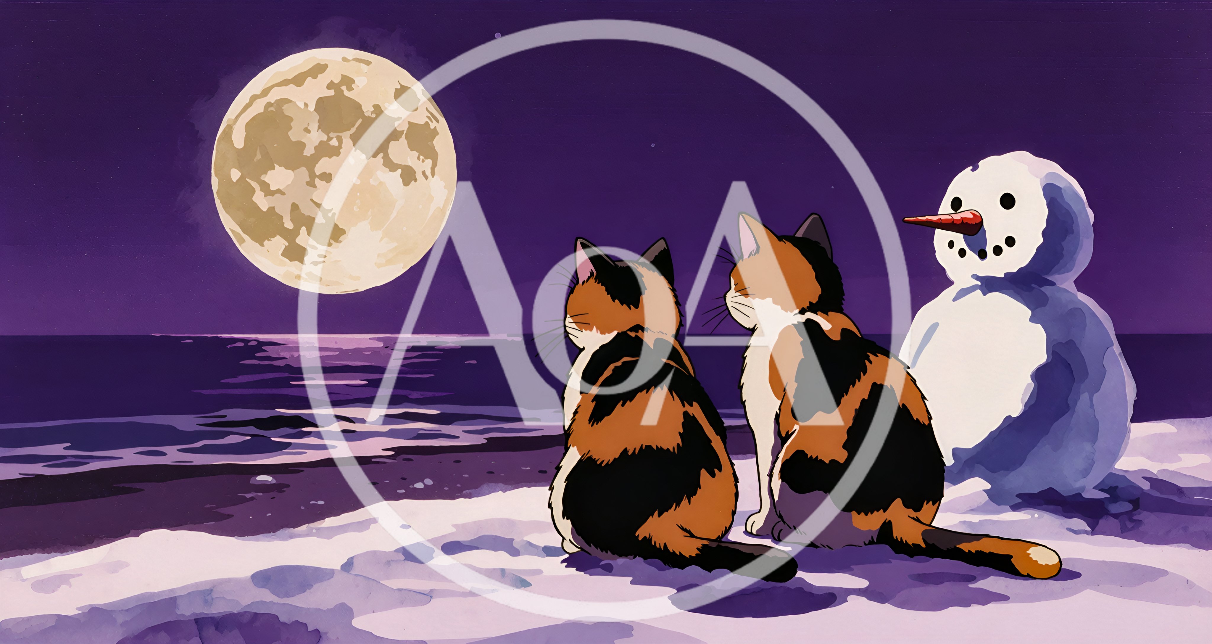 Two Calico Cats Sitting With A Snowman Under Moonlight