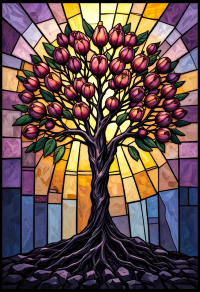 Stained Glass Tree With Pink Tulip Blossoms