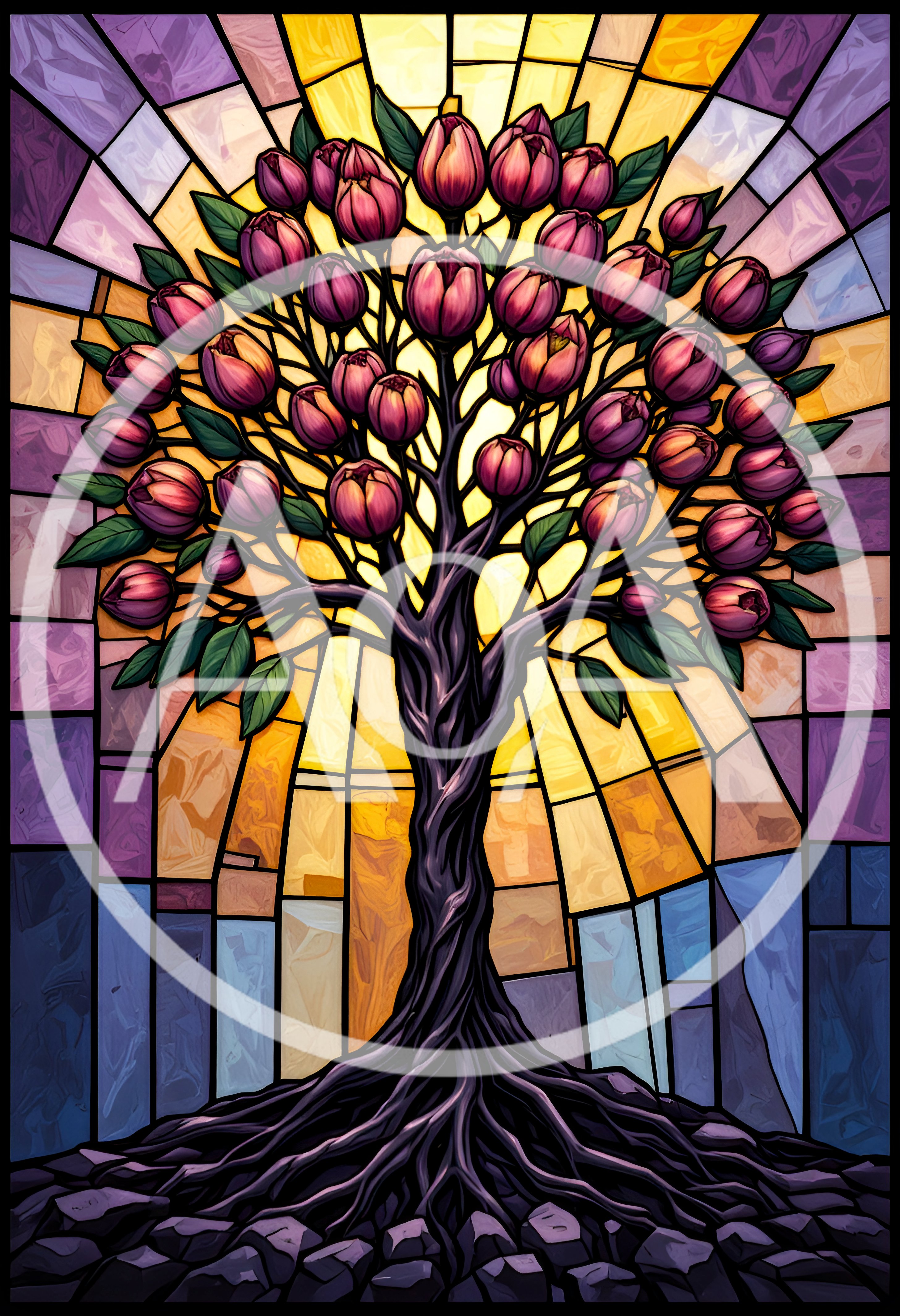 Stained Glass Tree With Pink Tulip Blossoms